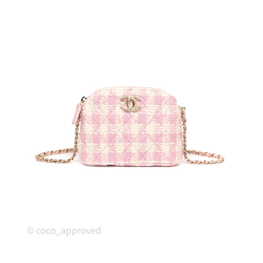 Chanel Mini Pouch On Chain White Pink Houndstooth Tweed Gold Hardware
