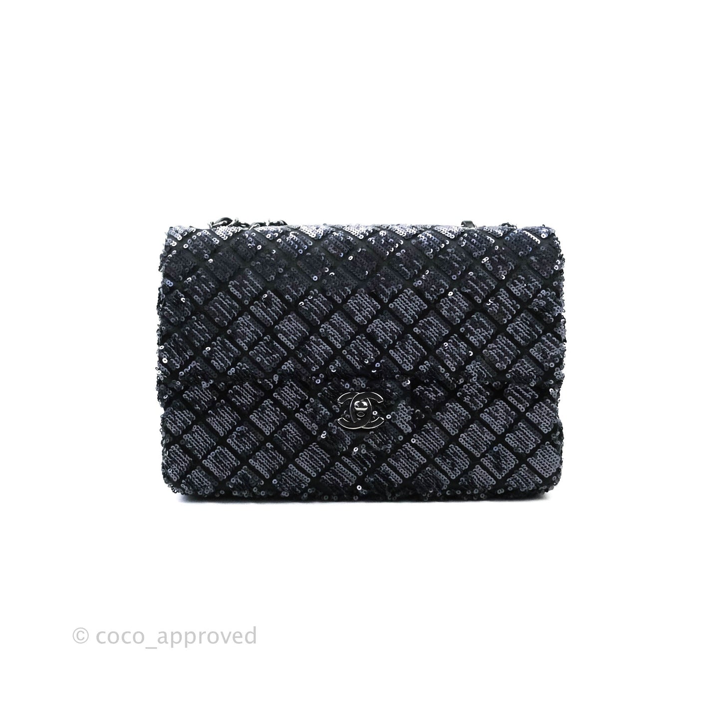 Chanel Quilted Medium Satin Sequin Single Flap Navy Black Gun Metal