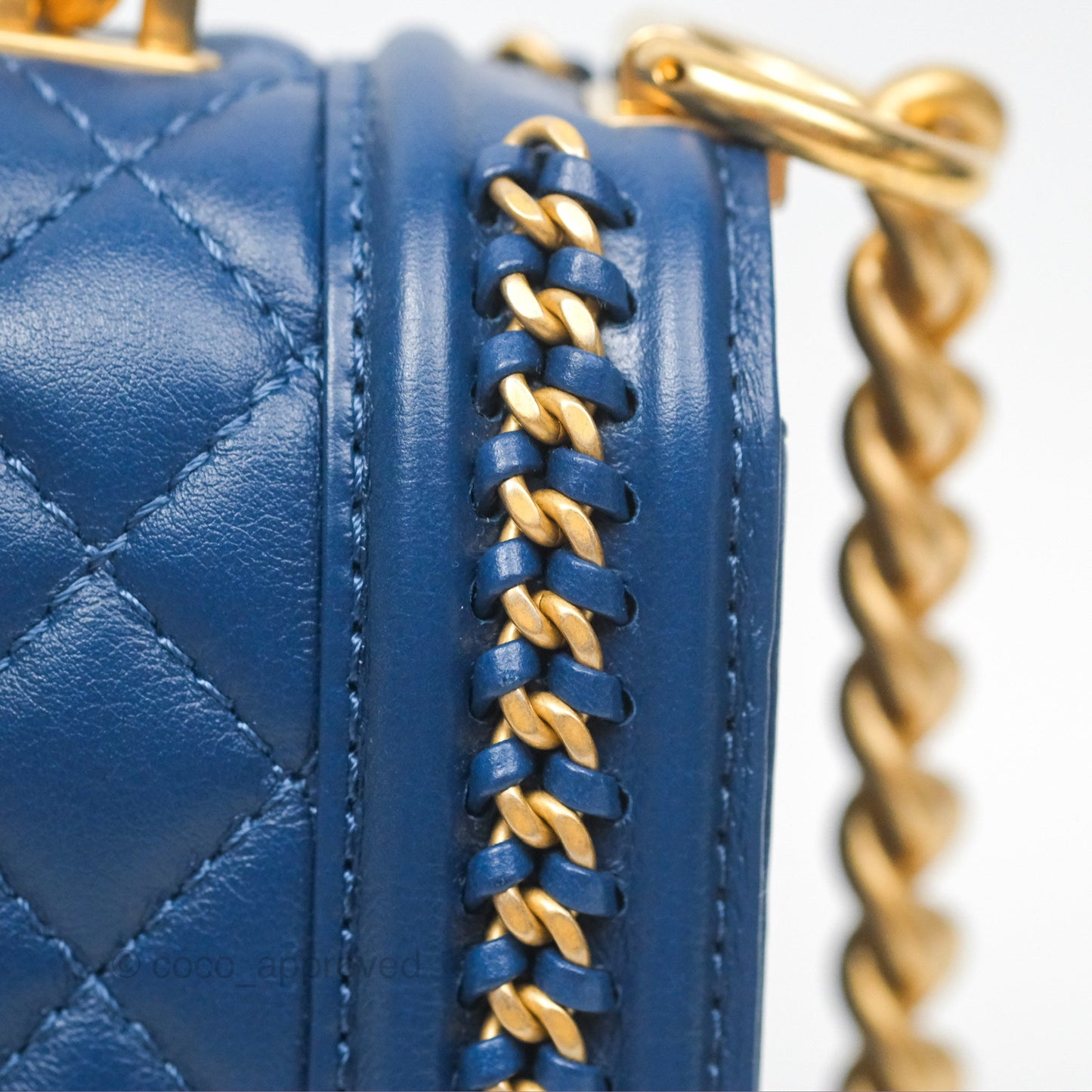 Chanel Quilted Medium Boy With Handle Dark Blue Calfskin Aged Gold Hardware