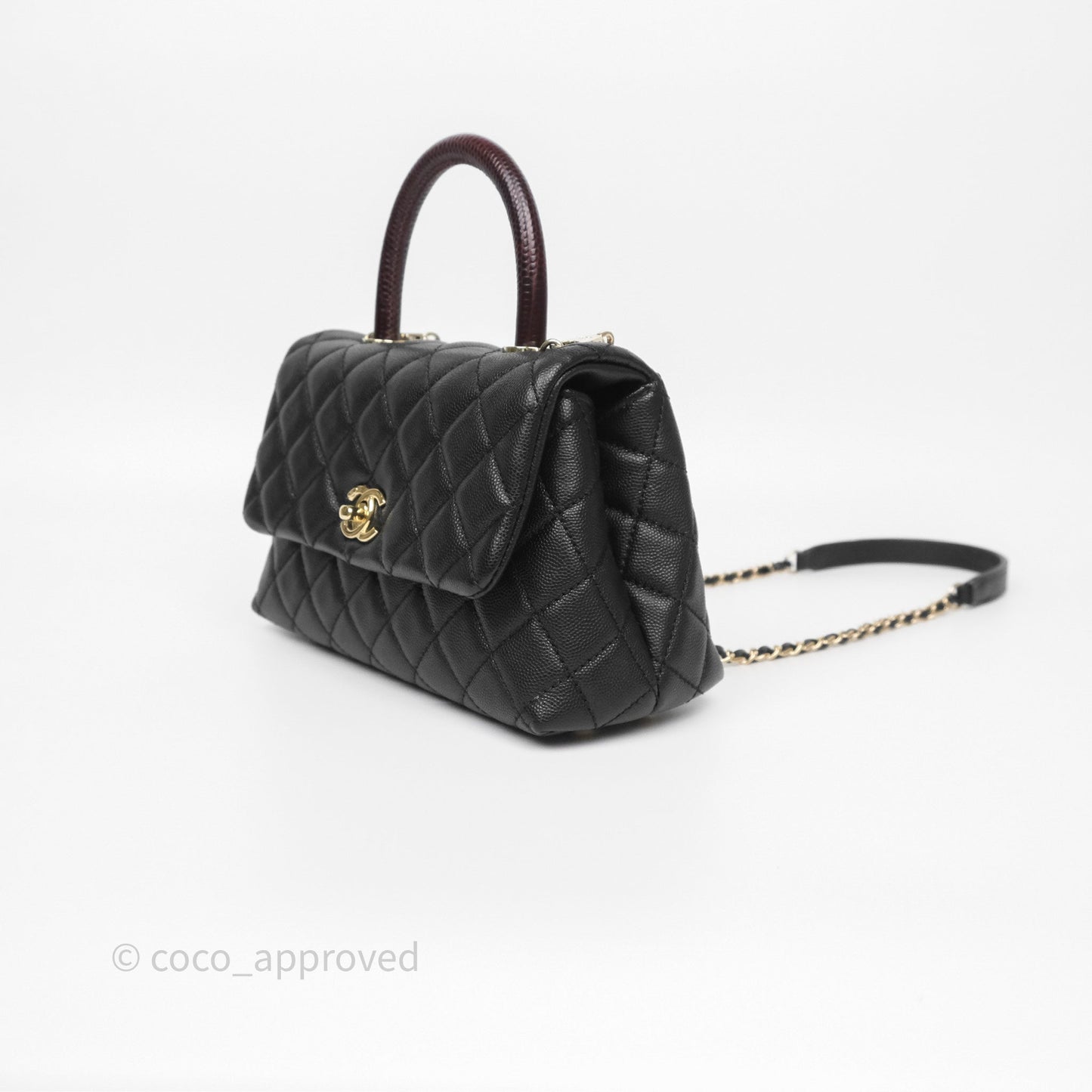 Chanel Small Coco Handle Quilted Black Caviar Gold Hardware Lizard Handle