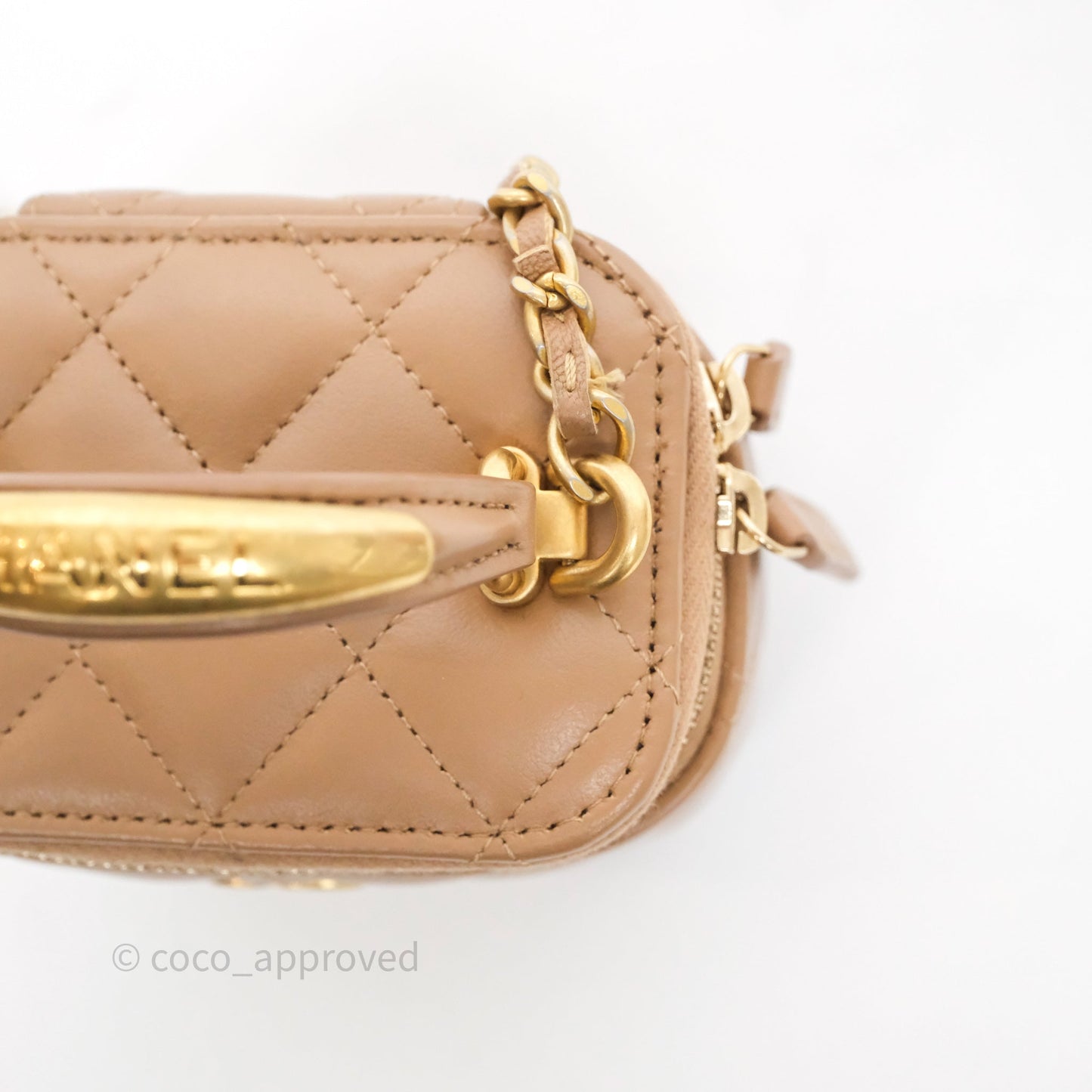 Chanel Mini Metal Top Handle Vanity With Chain Dark Beige Lambskin Aged Gold Hardware