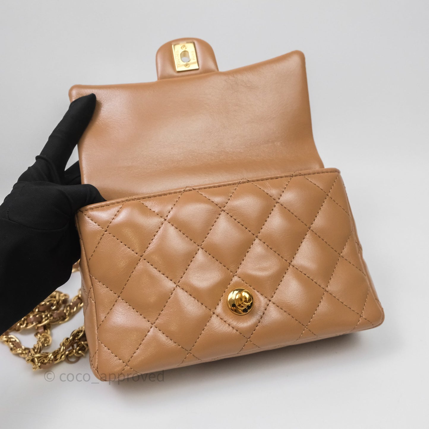 Chanel Top Handle Flap Bag Beige Lambskin Gold Hardware