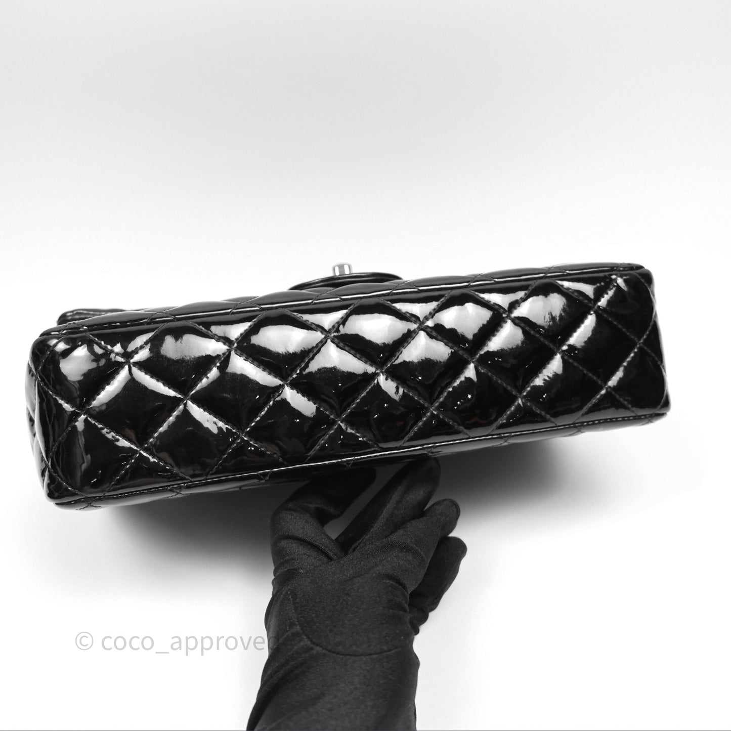 Chanel Classic M/L Medium Flap Quilted Black Patent Silver Hardware