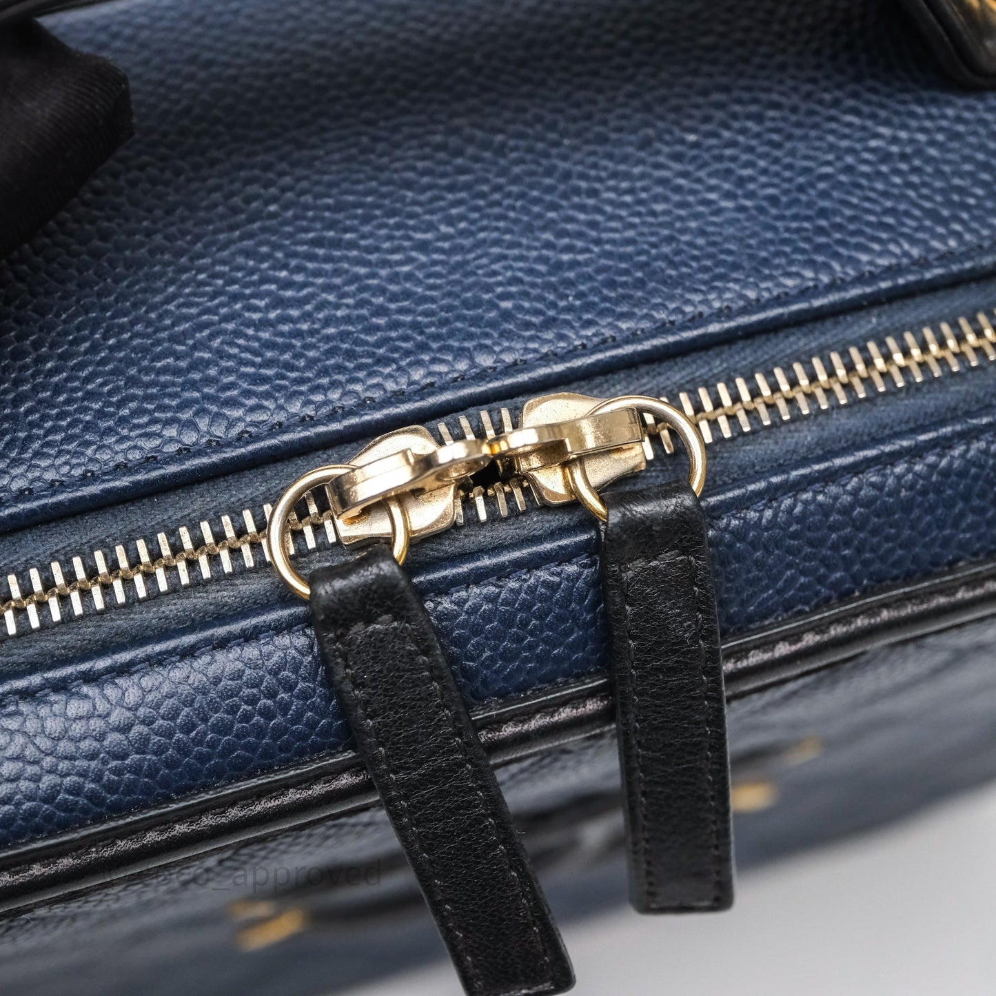 Chanel Quilted Large CC Filigree Vanity Case Navy Black Caviar Aged Gold Hardware