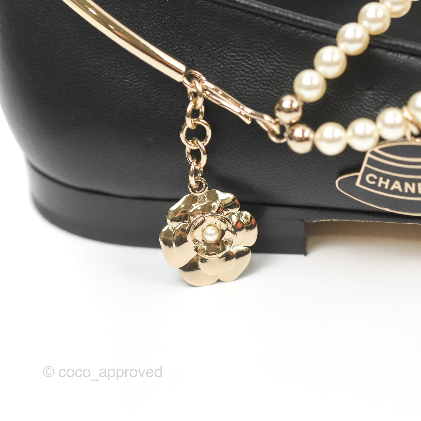 Chanel Ankle Double Pearl Pendant Flat Ballerinas Black Lambskin Size 37