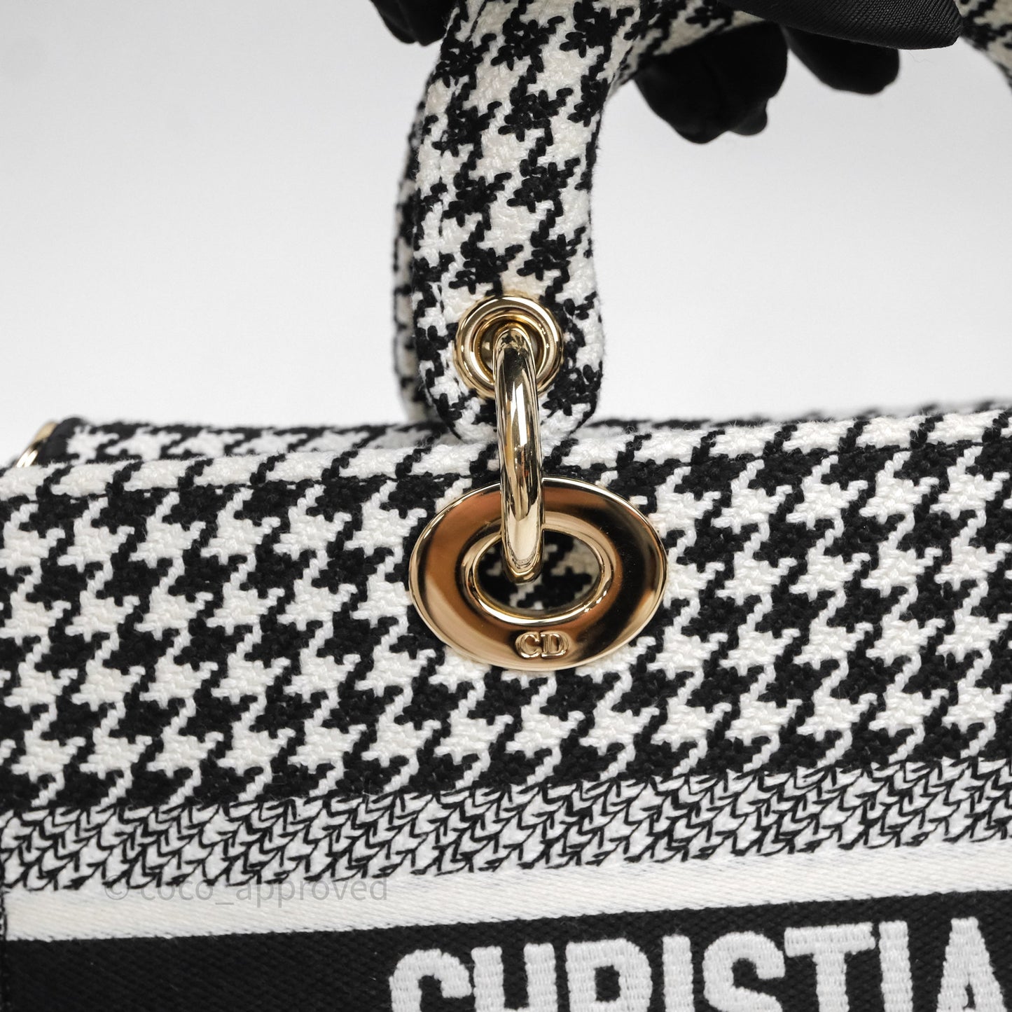 Christian Dior Medium Lady D-Joy Bag Black White Houndstooth Gold Hardware