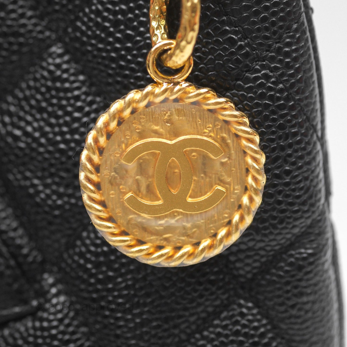 Chanel Vintage Medallion CC Black Caviar Tote Bag Gold Hardware