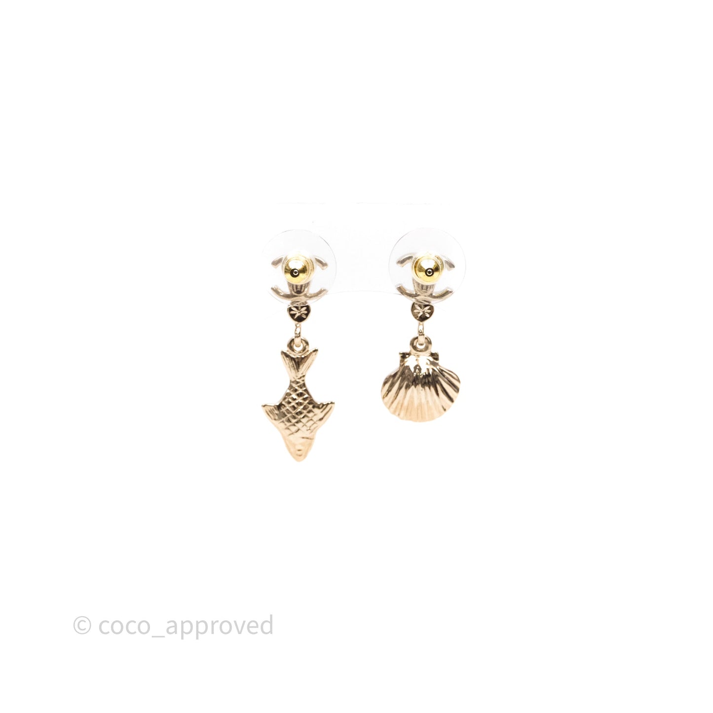 Chanel CC Crystals Shell Fish Drop Earrings Gold Tone 25C