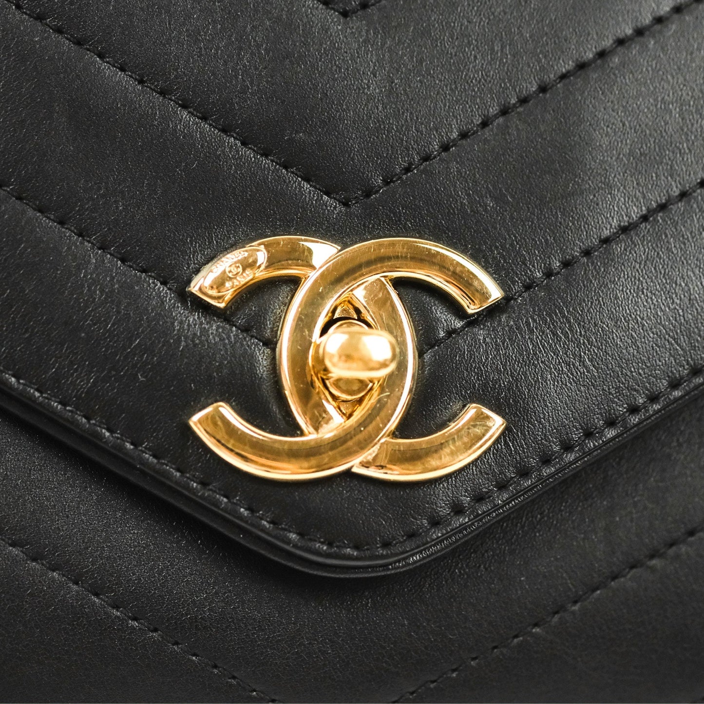 Chanel Chevron Stitched Coco Flap Bag Black Calfskin Gold Hardware