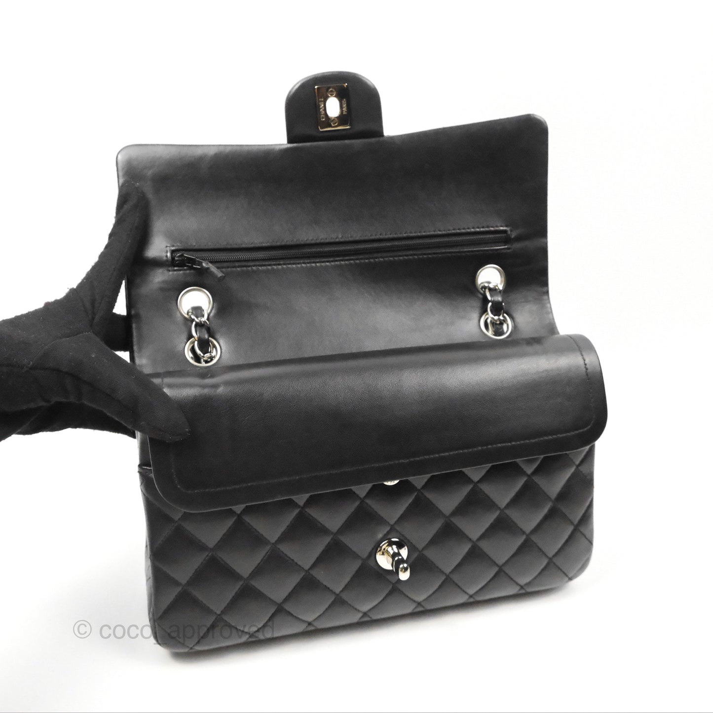 Chanel Classic M/L Medium Flap Quilted Black Lambskin Silver Hardware
