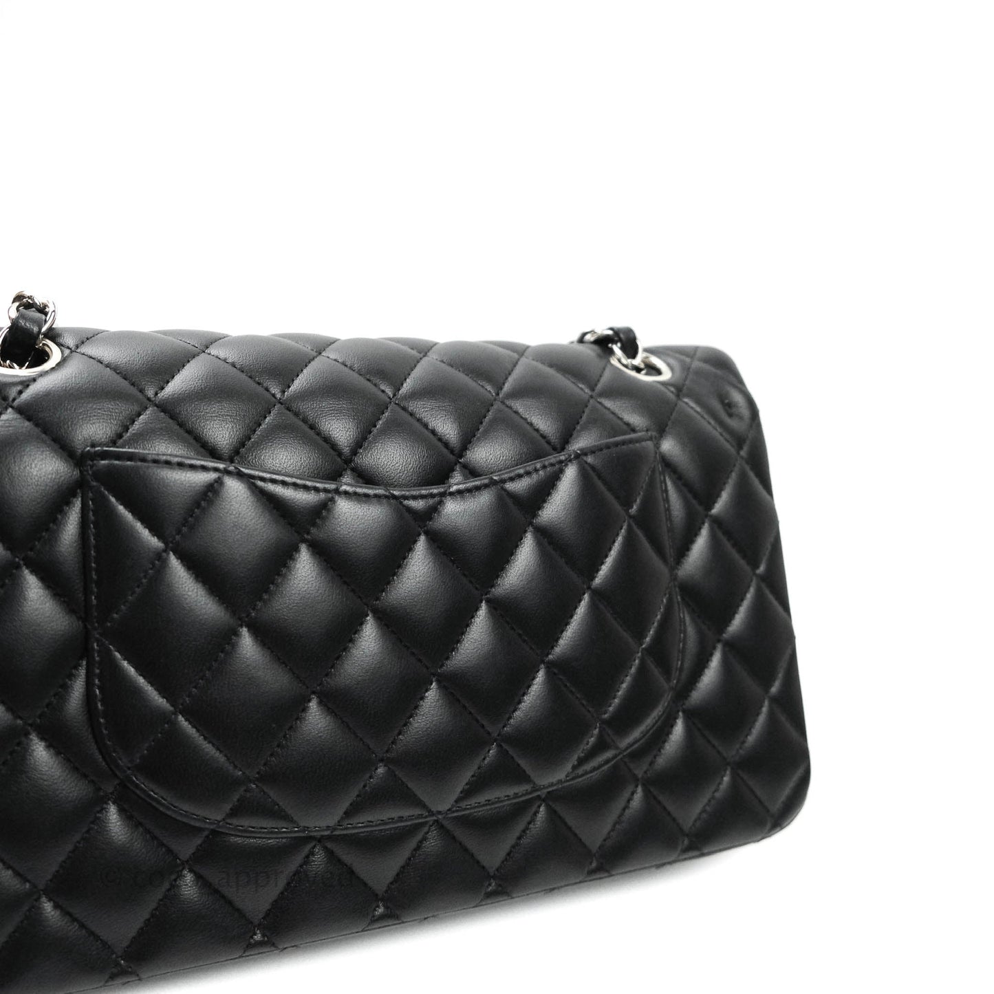 Chanel Classic M/L Medium Double Flap Bag Black Lambskin Silver Hardware