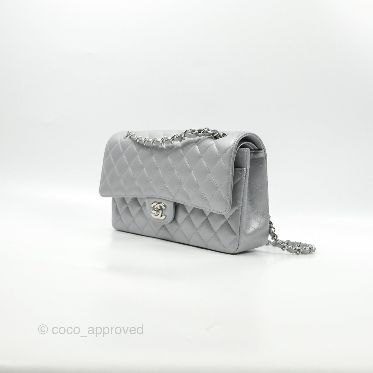 Chanel Classic M/L Medium Flap Quilted Pearly Silver Silver Hardware 23P