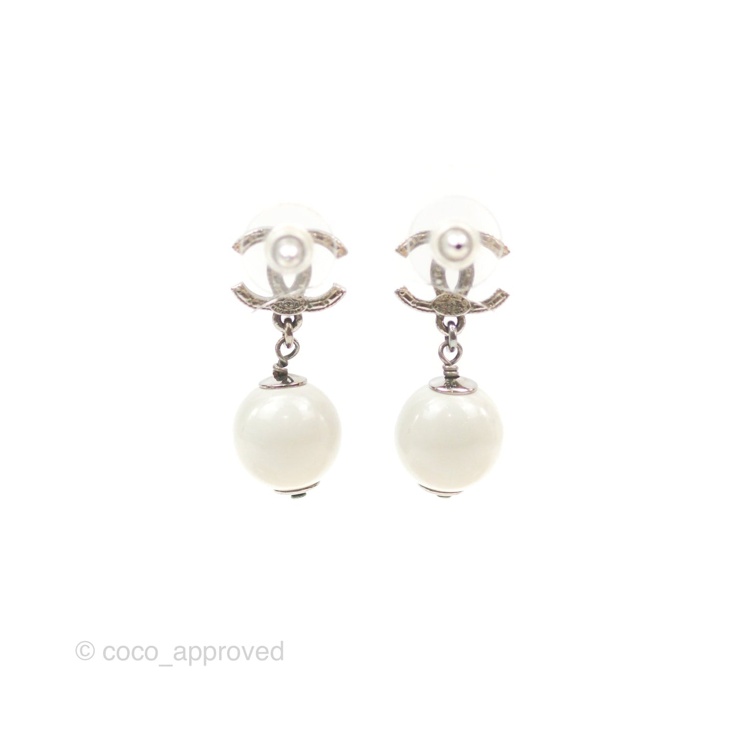 Chanel CC Pearl Drop Earrings Gun Metal 13A