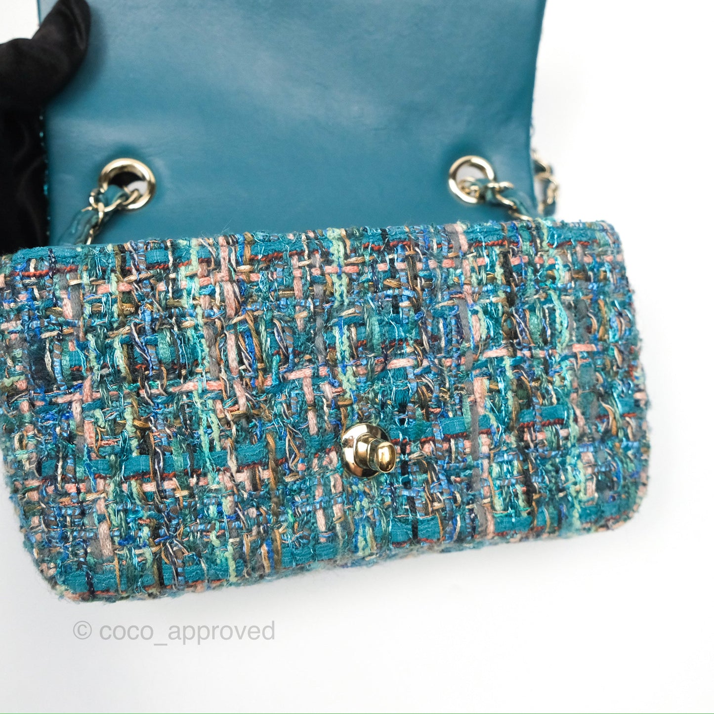 Chanel Mini Rectangular Flap Teal Tweed Gold Hardware