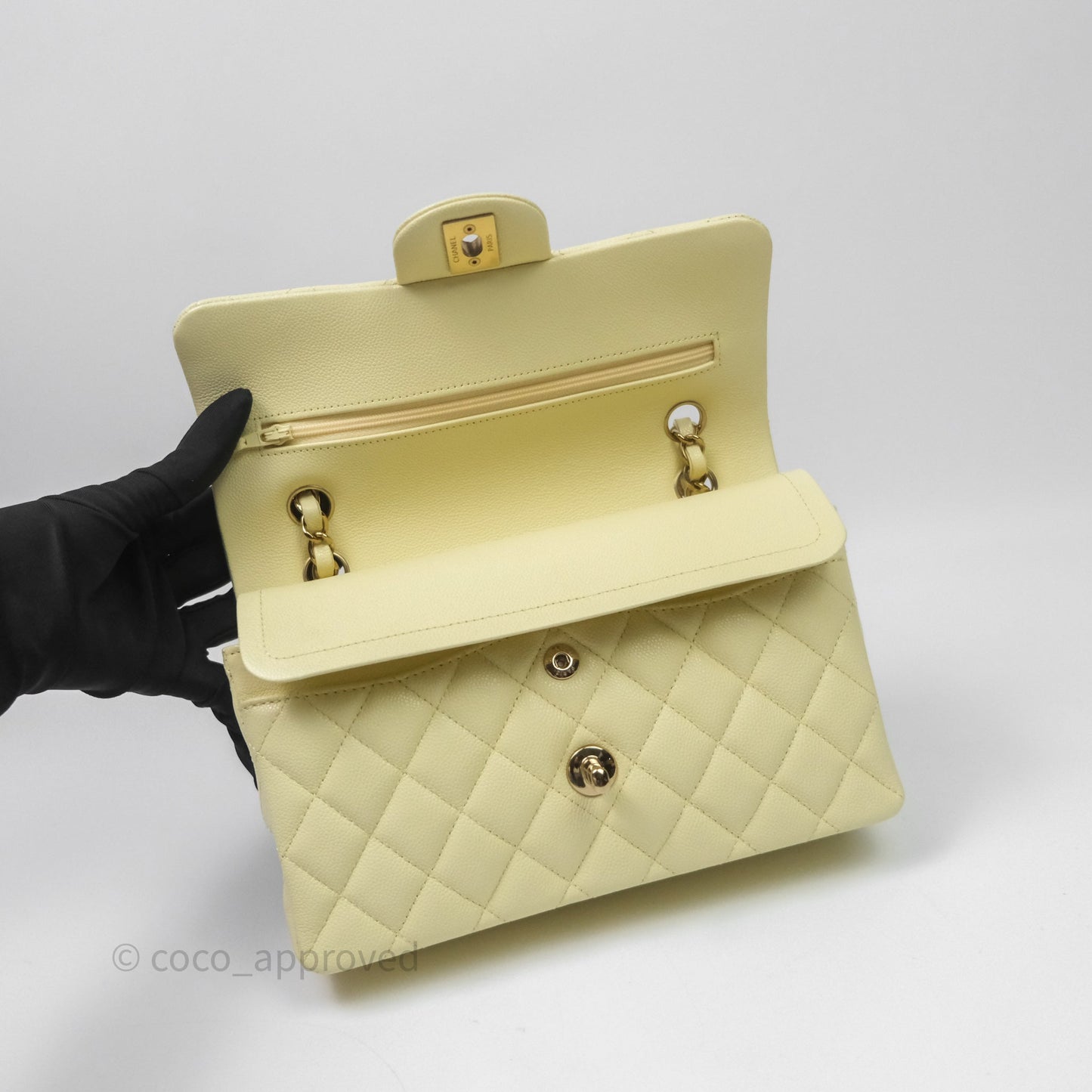 Chanel Small Classic Quilted Flap Yellow Caviar Gold Hardware