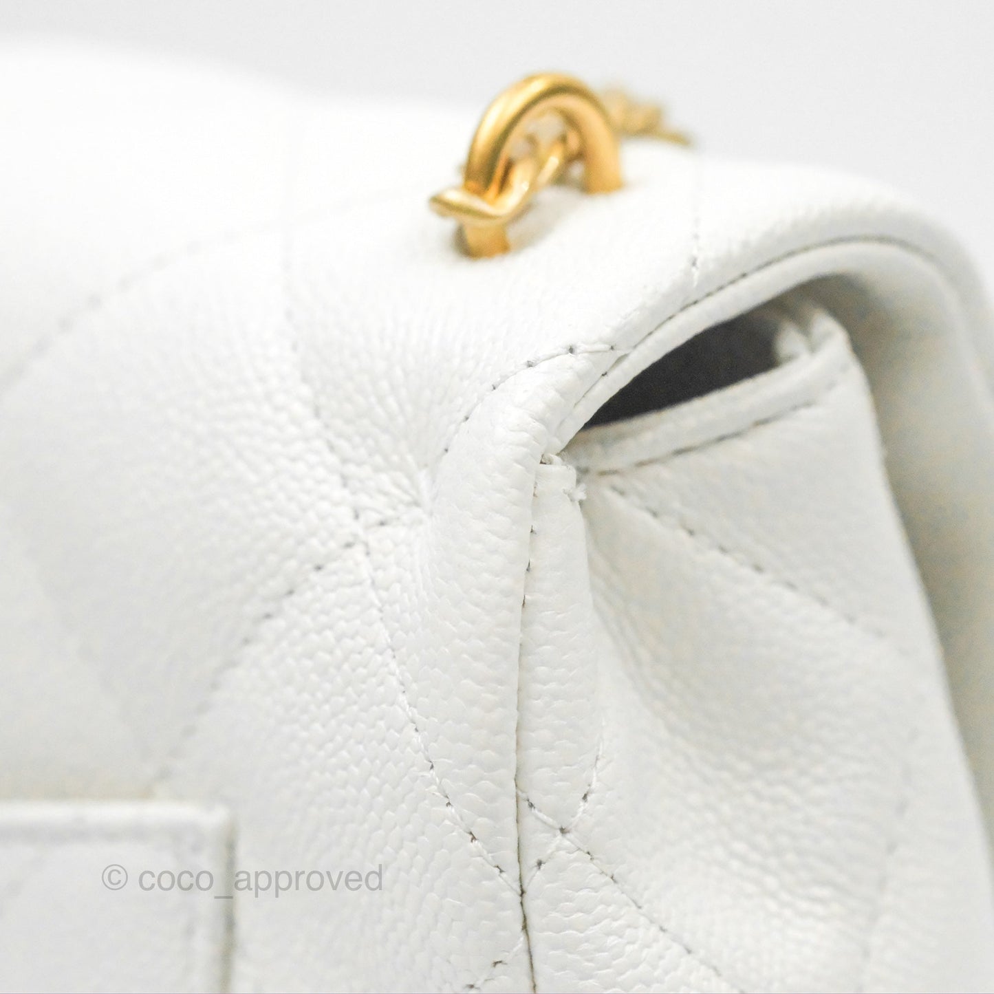 Chanel Large Flap Bag Heart Adjustable Chain White Caviar Aged Gold Hardware