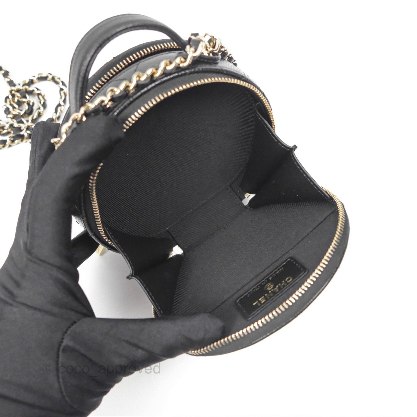 Chanel Mini Round Vanity Bag Handle With Care Black Caviar Gold Hardware