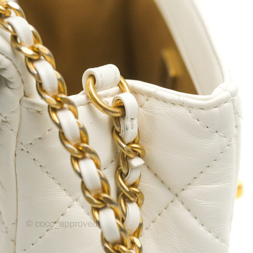 Chanel Mini Square Pearl Crush Quilted White Lambskin Aged Gold Hardware