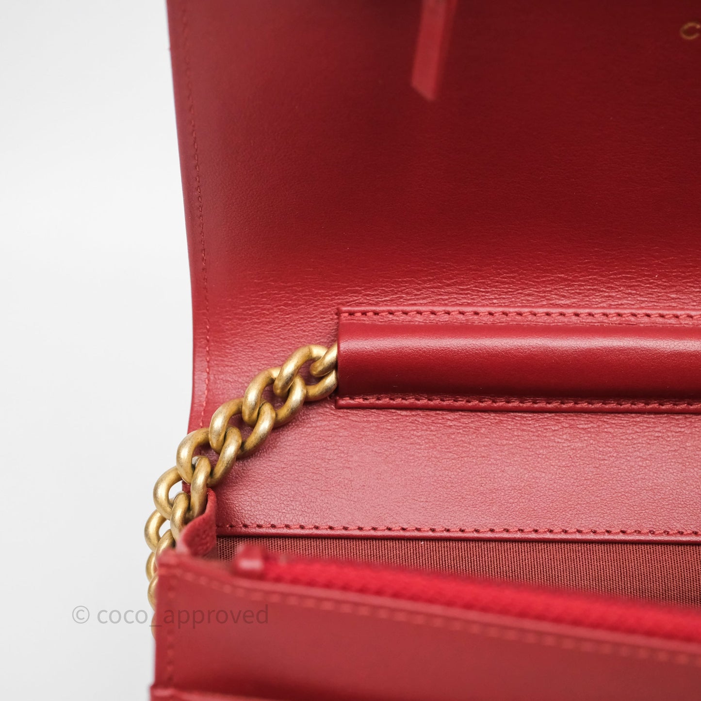 Chanel Boy Wallet on Chain WOC Red Caviar Aged Gold Hardware