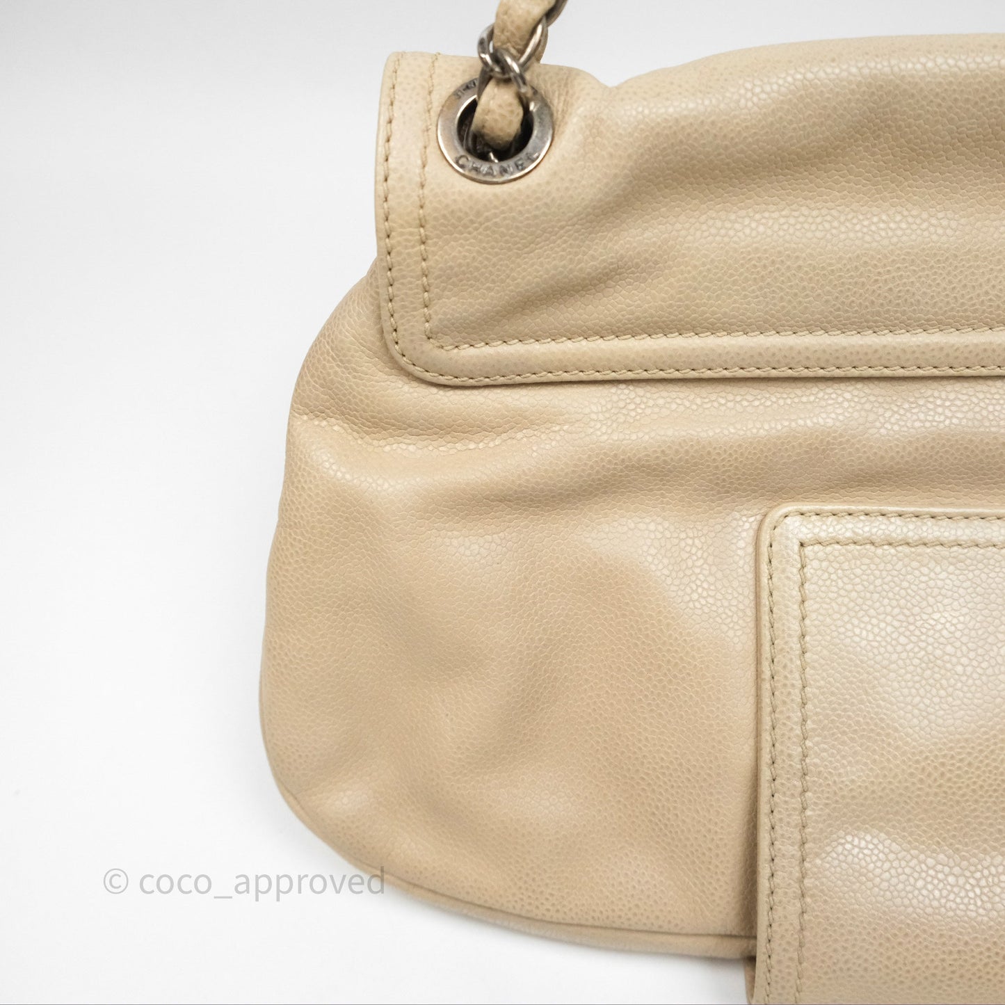Chanel Quilted Coco Rider Hobo Bag Beige Caviar Ruthenium Hardware
