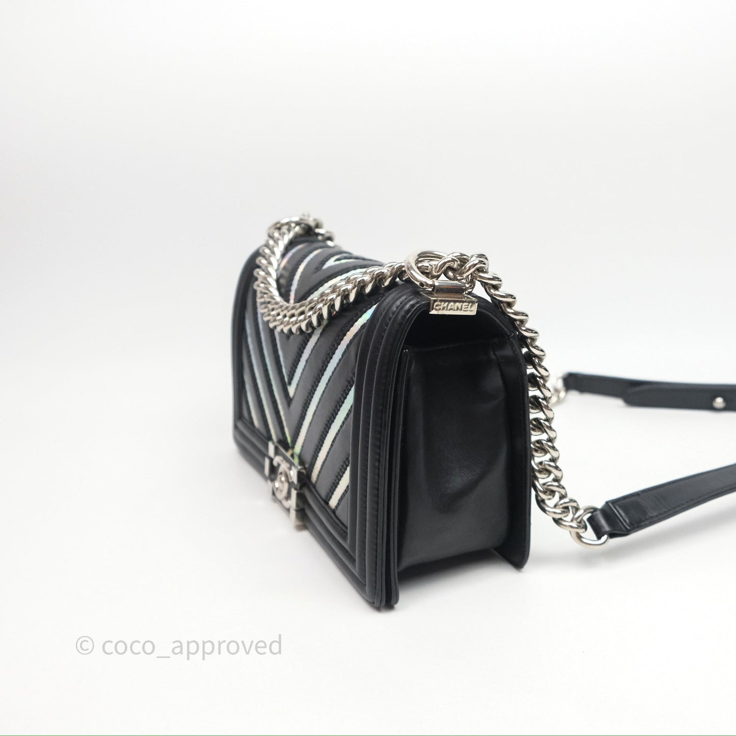 Chanel Medium Boy Chevron Iridescent PVC Lambskin Black Silver Hardware