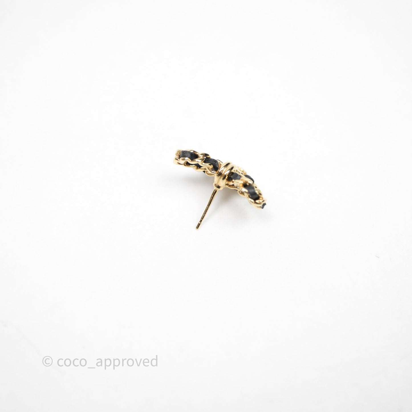 Chanel Lambskin Chain Bow Stud Earrings Black Gold Tone 24V