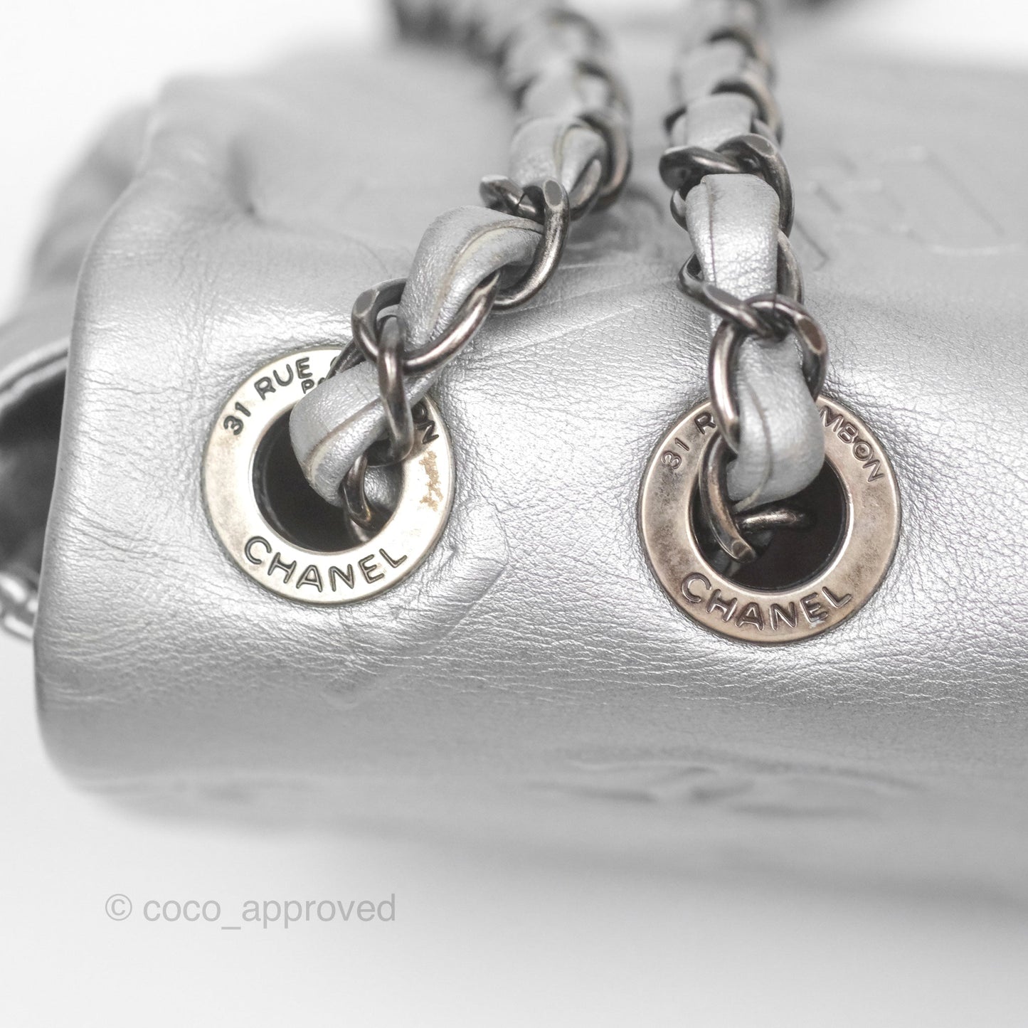 Chanel Medium Single Flap Embossed Metallic Silver Lambskin Ruthenium Hardware