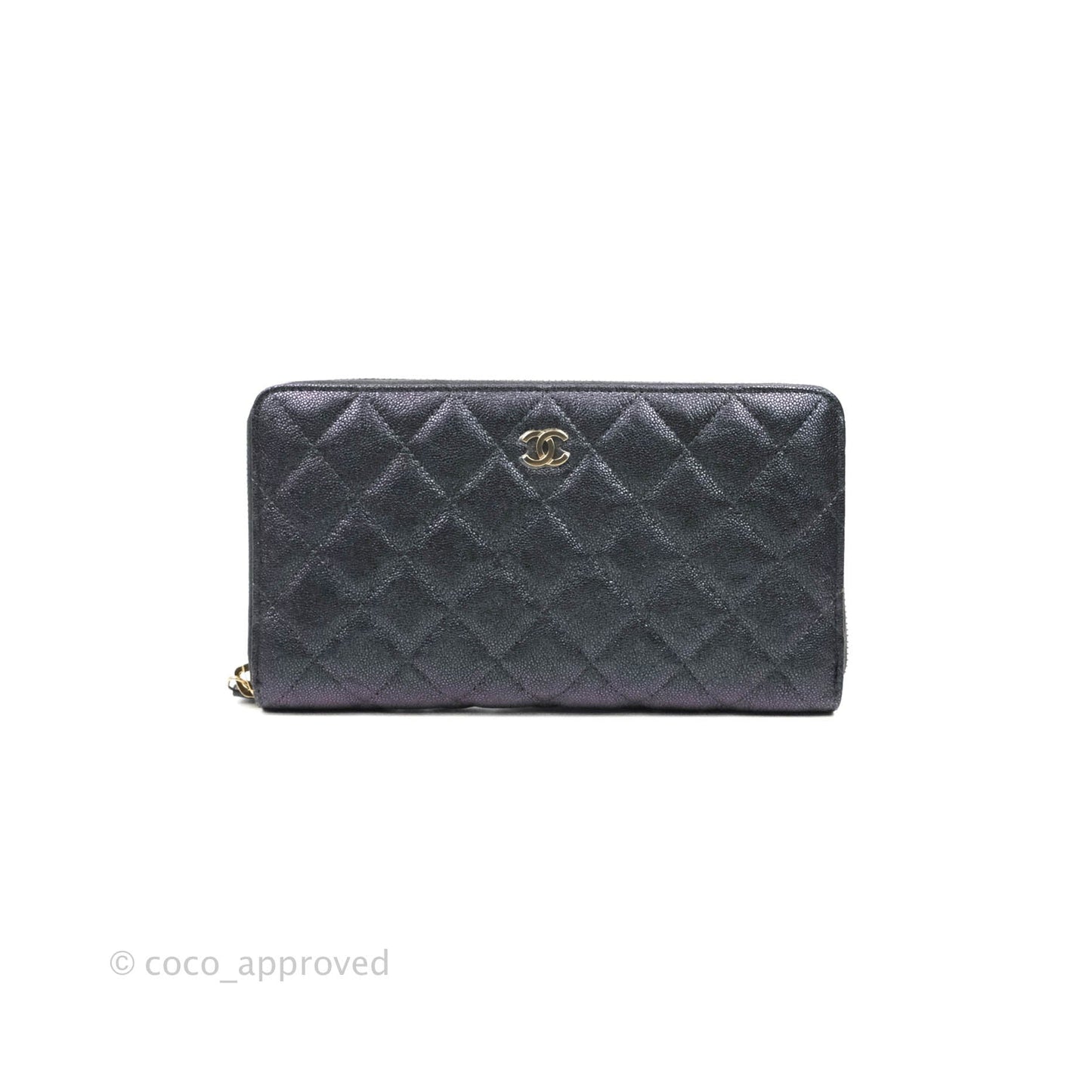Chanel Quilted Zip Around Travel Wallet Iridescent Black Caviar Gold Hardware 19S