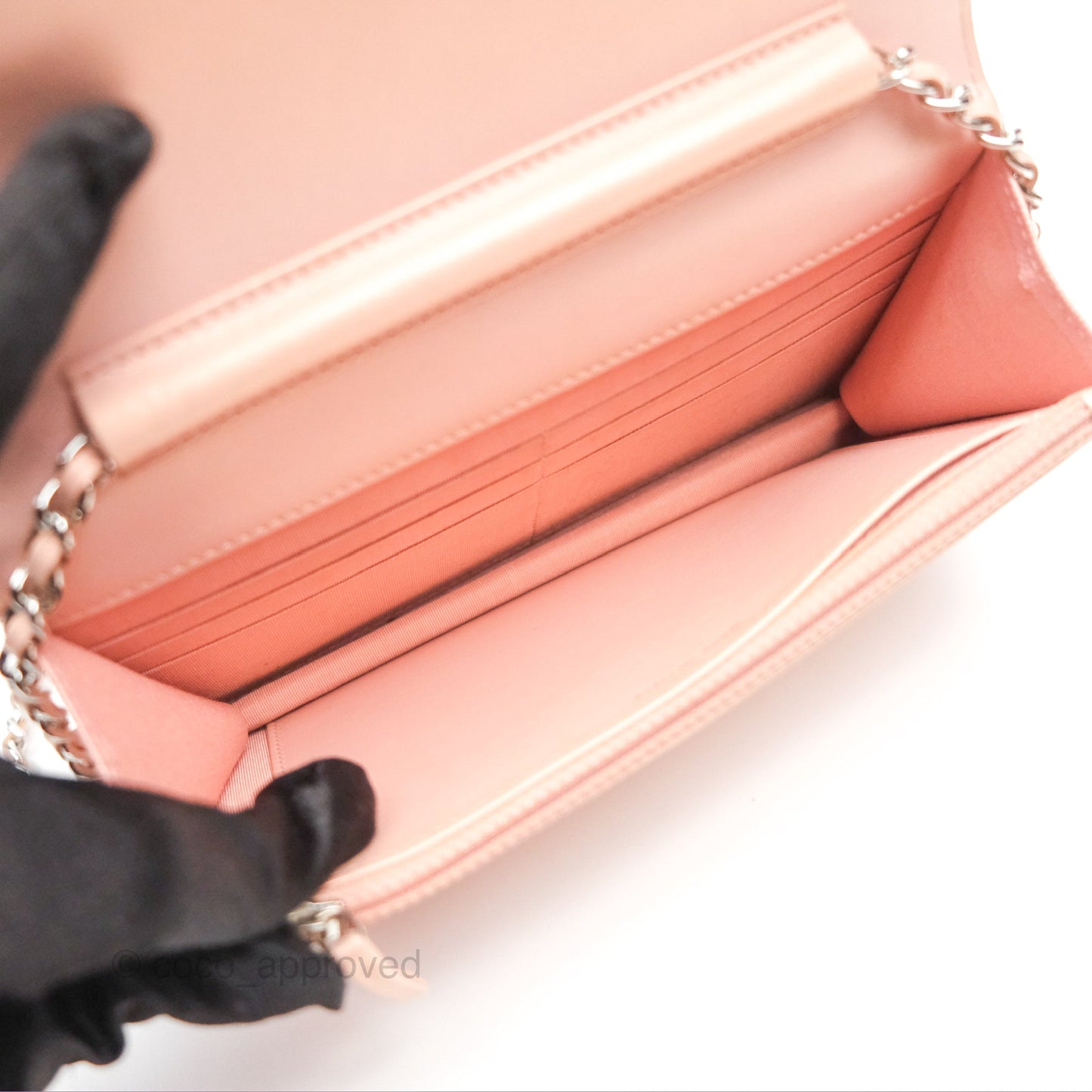 Chanel Mademoiselle Wallet On Chain WOC Chevron Iridescent Pink Caviar Silver Hardware