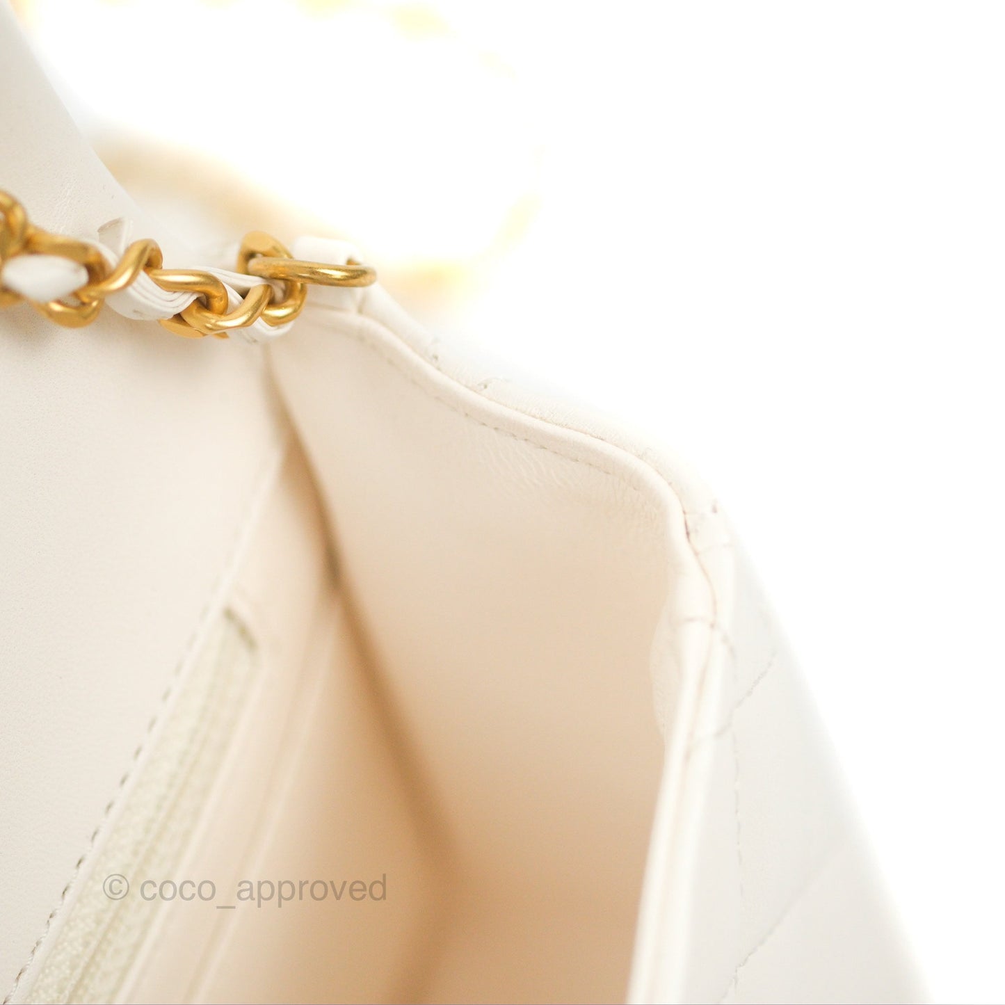 Chanel Mini Flap Bag with Coco Heart Chain White Lambskin Aged Gold Hardware