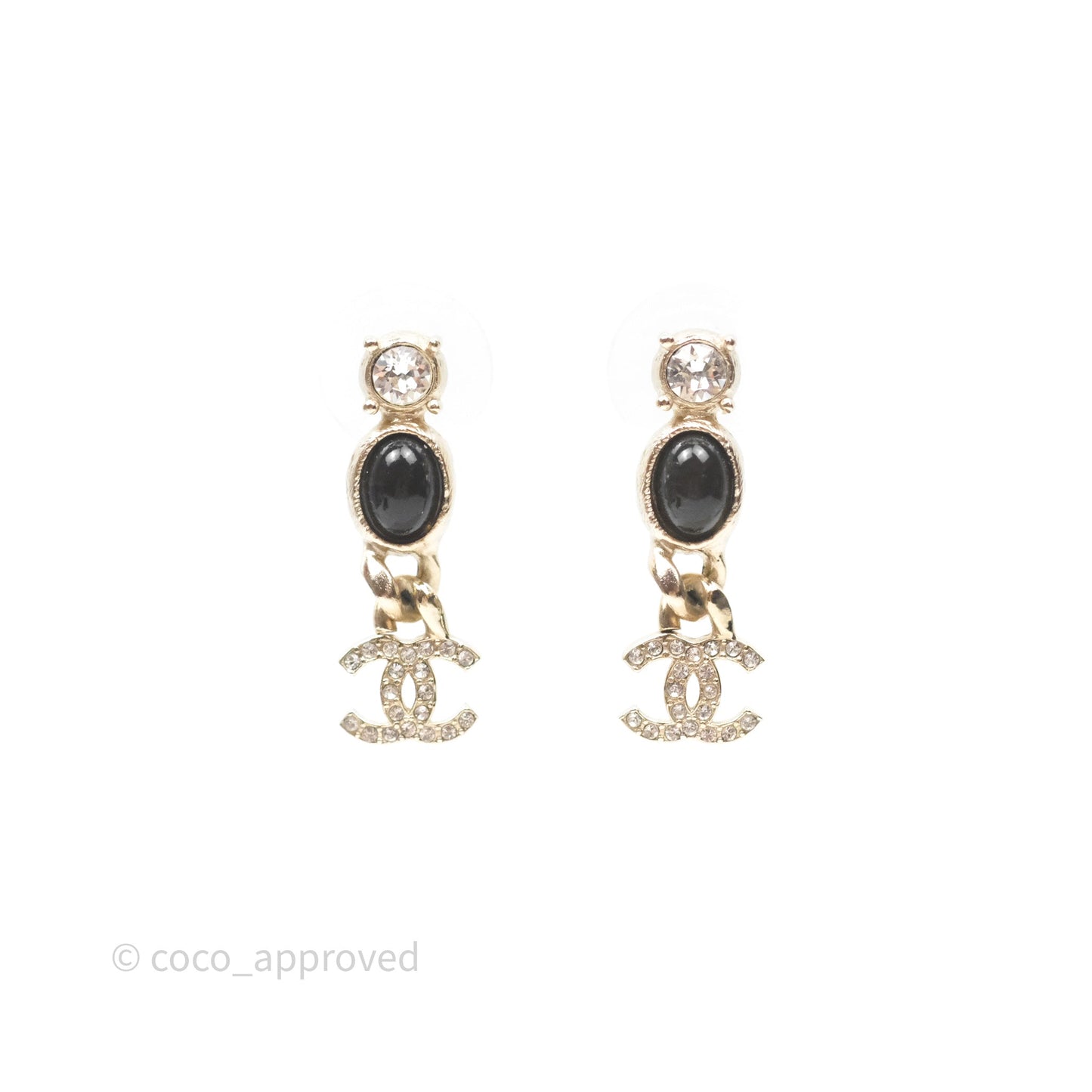 Chanel Crystal CC Black Resin Drop Earrings Gold Tone 21K