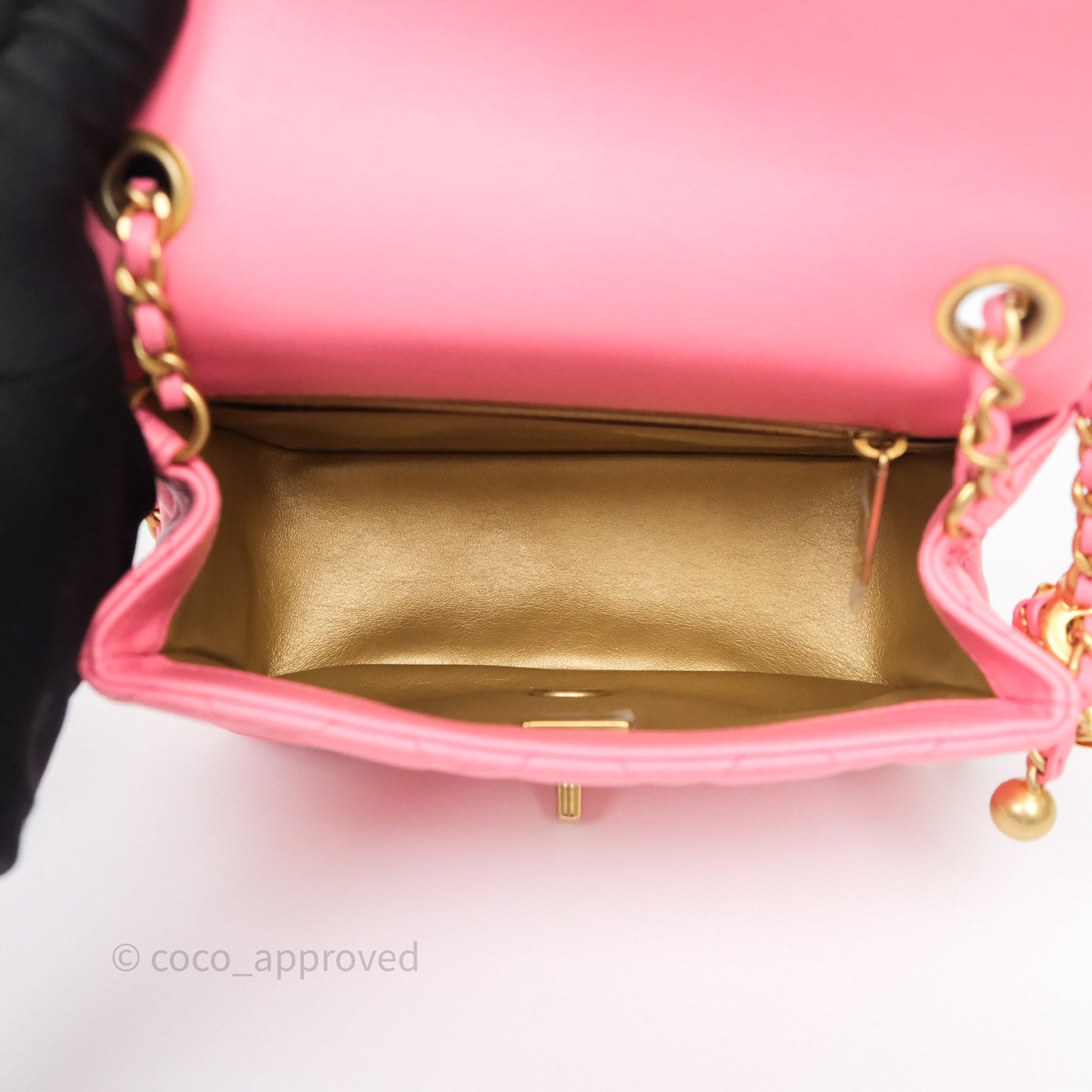 Chanel Pearl Crush Mini Square Quilted Pink Lambskin Aged Gold Hardware