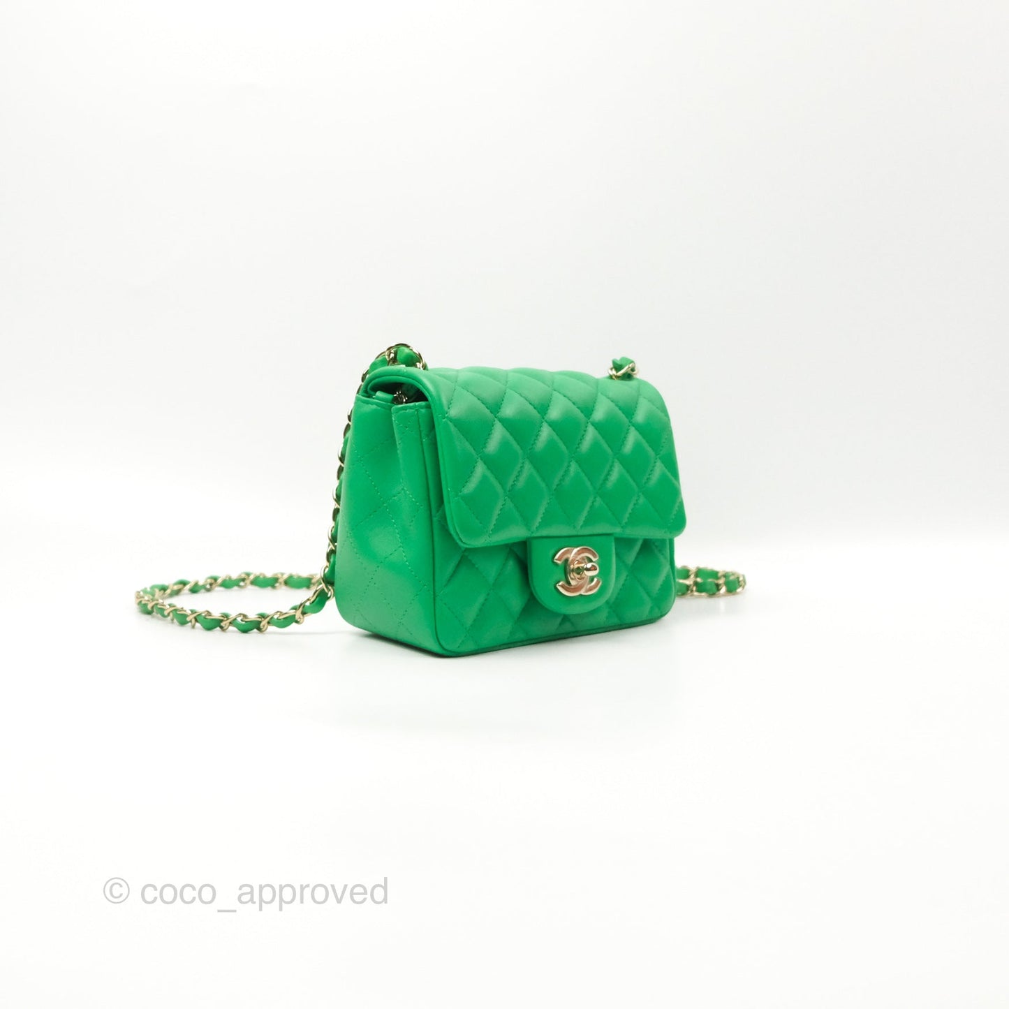Chanel Quilted Mini Square Green Lambskin Gold Hardware