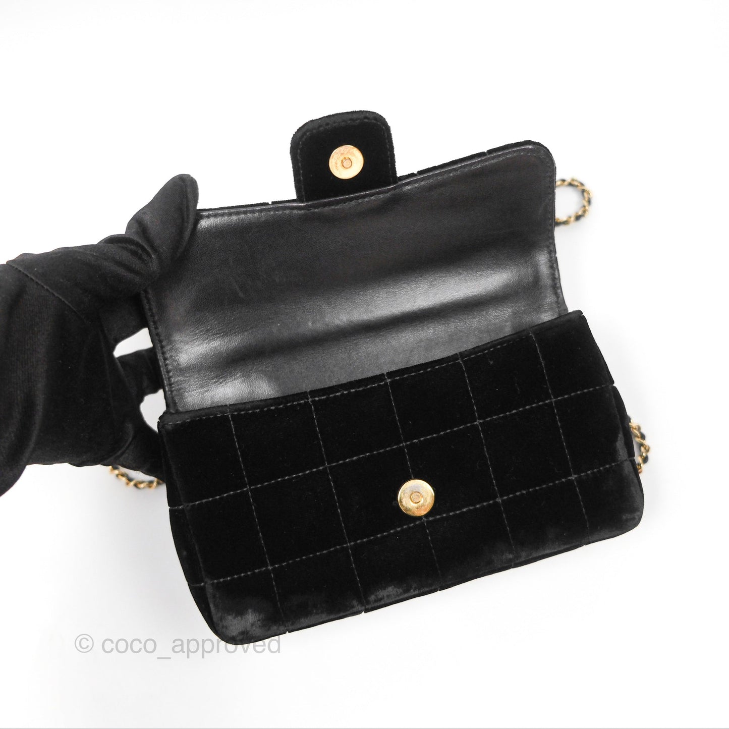 Chanel Vintage Mini Chocolate Bar Camellia Flap Black Velvet Gold Hardware