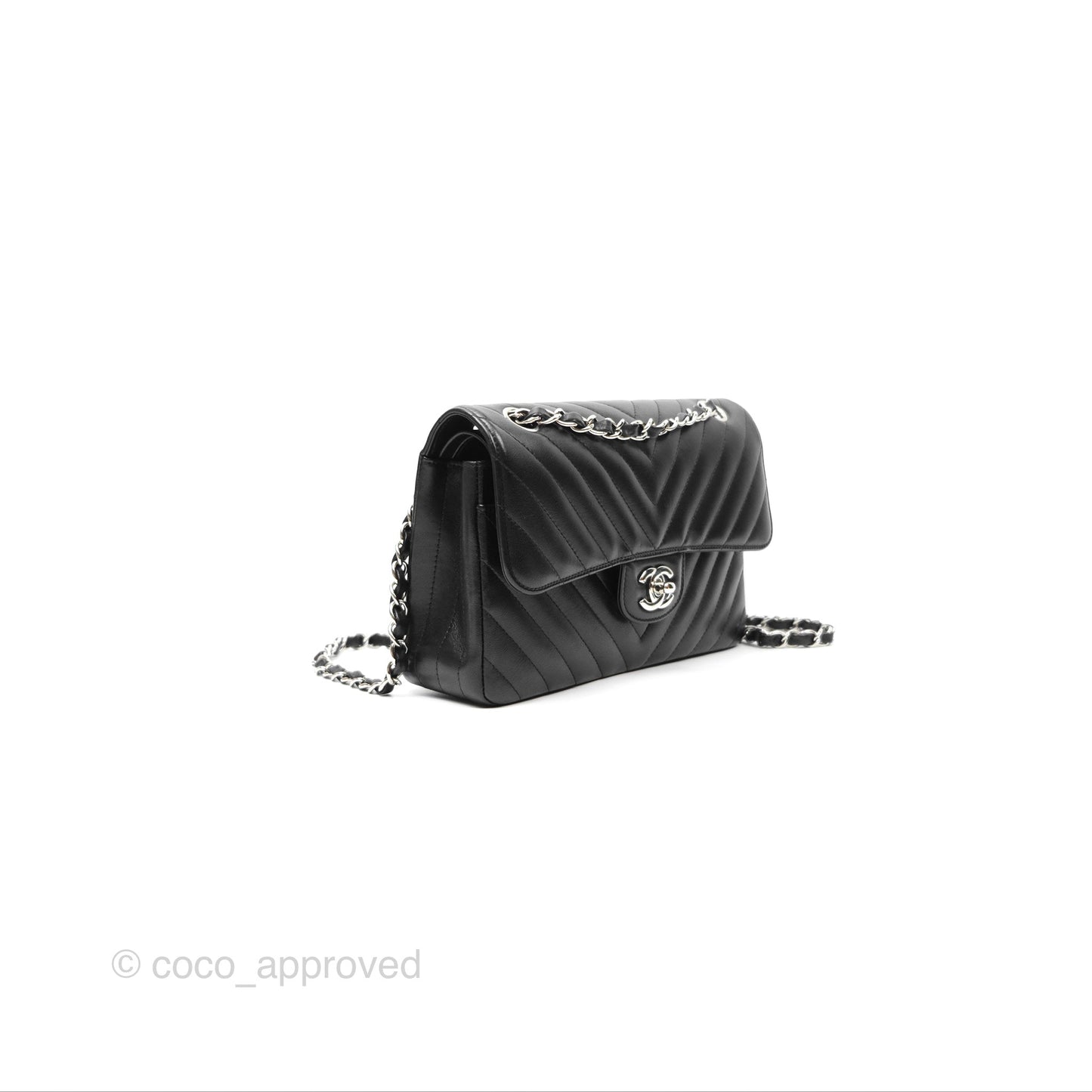 Chanel Small Classic Chevron Flap Black Lambskin Silver Hardware
