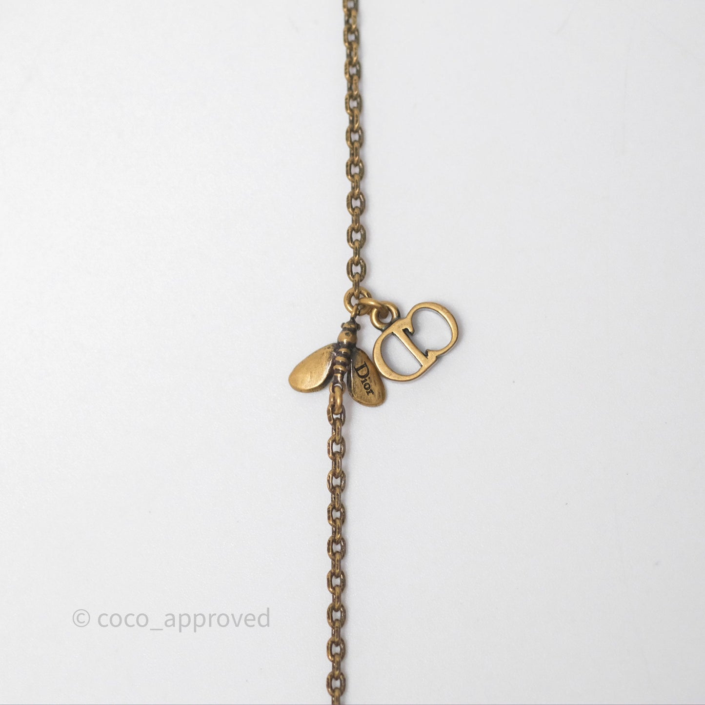 Christian Dior Pearl Crystal Bee Long Necklace Aged Gold Tone