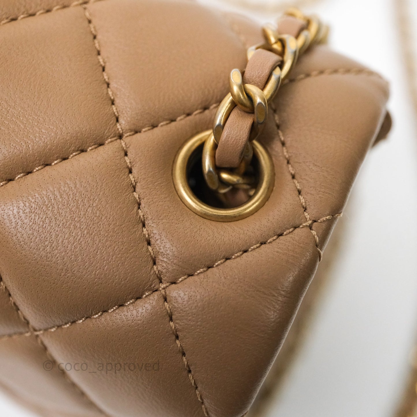 Chanel Pearl Crush Mini Square Quilted Beige Lambskin Aged Gold Hardware