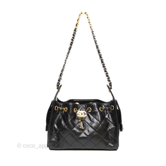 Chanel 25 Mini Black Shiny Crumpled Calfskin Mixed Hardware