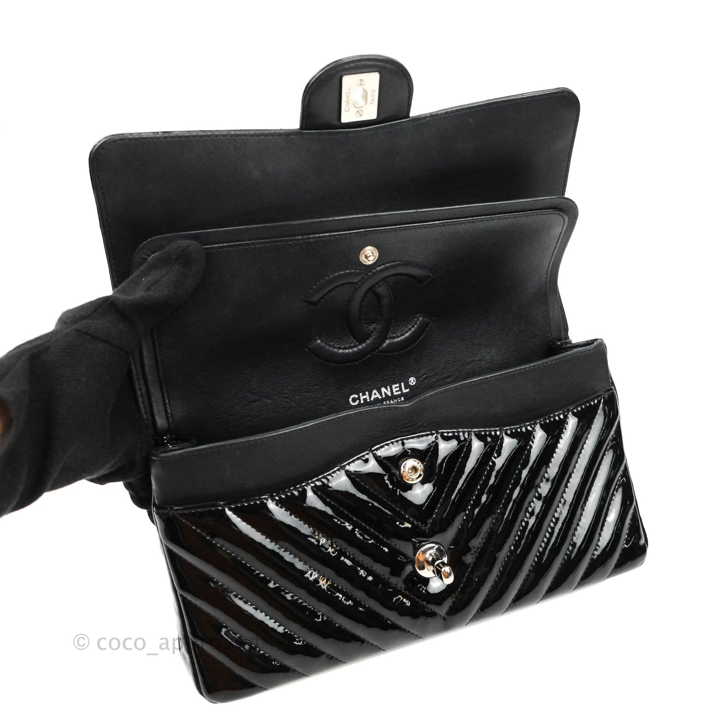 Chanel Classic Chevron M/L Medium Double Flap Black Patent Silver Hardware