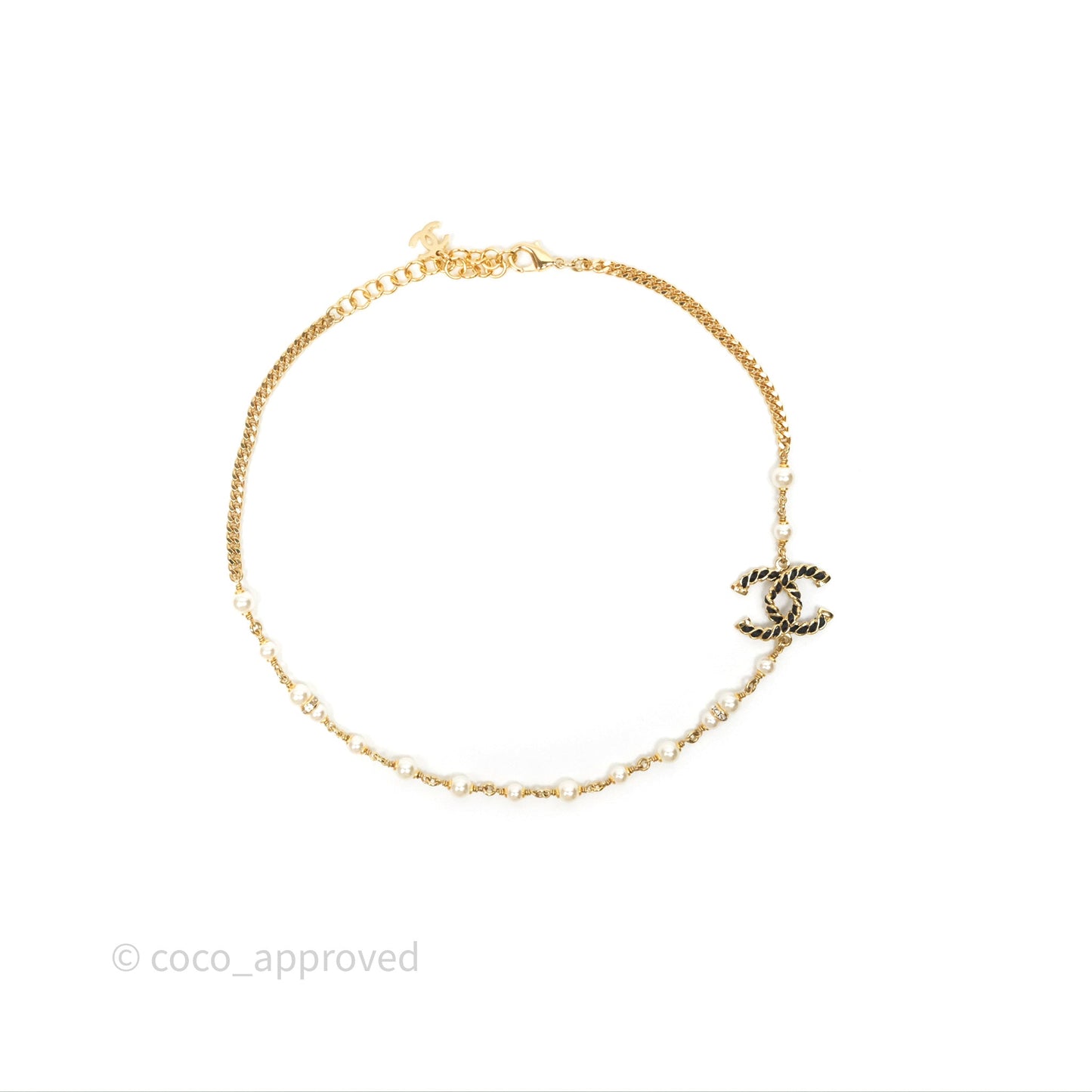 Chanel Black Leather CC Pearl Crystal Necklace Gold Tone 24K