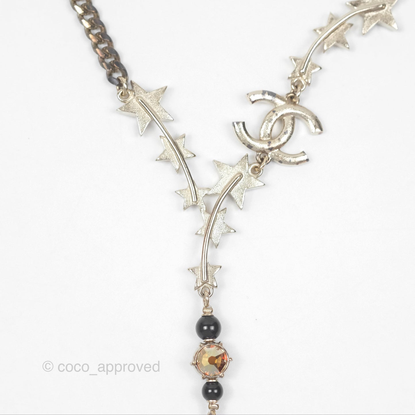 Chanel Crystal CC Star Drop Necklace Gold Tone 21S
