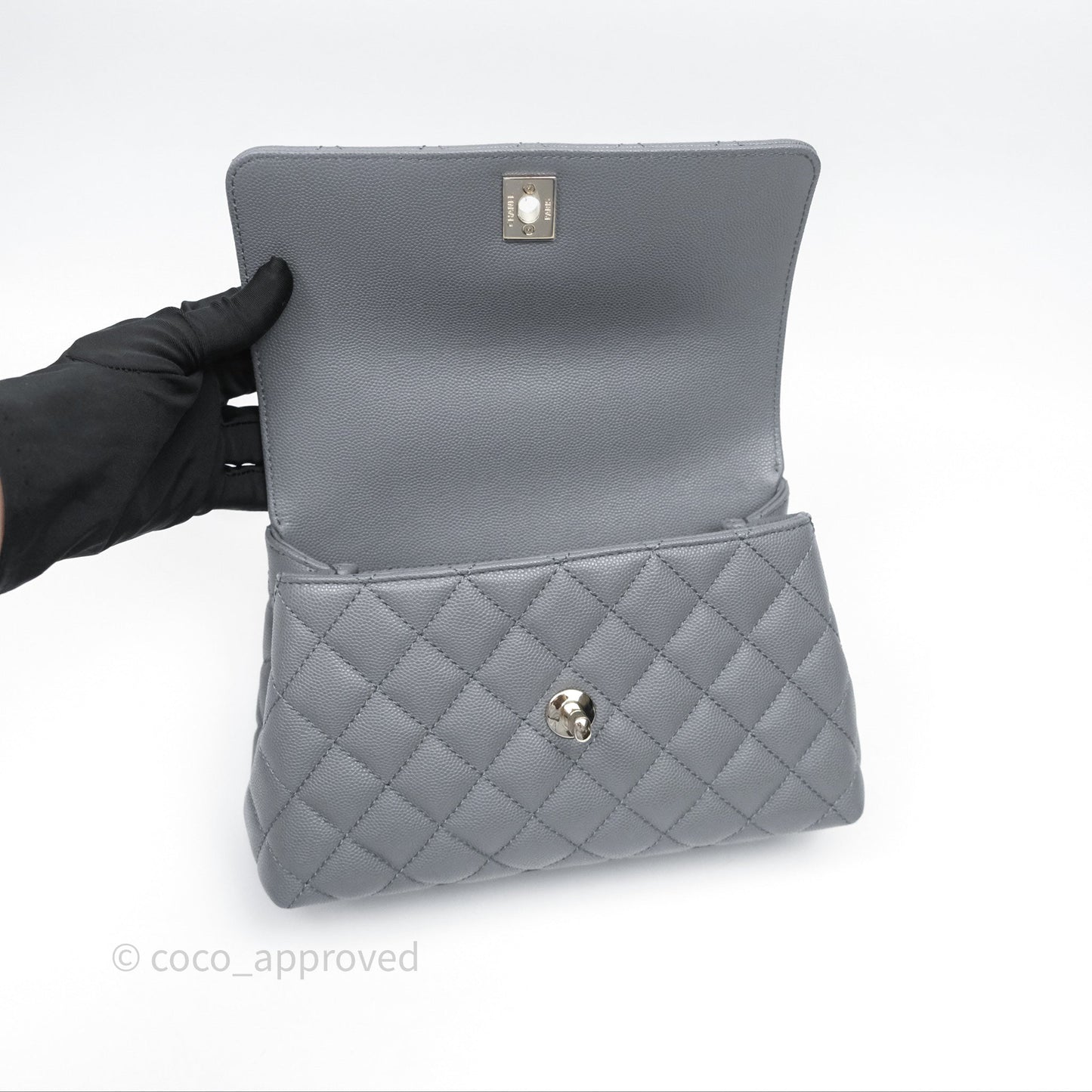 Chanel Small Coco Handle Quilted Grey Caviar Gold Hardware 23K
