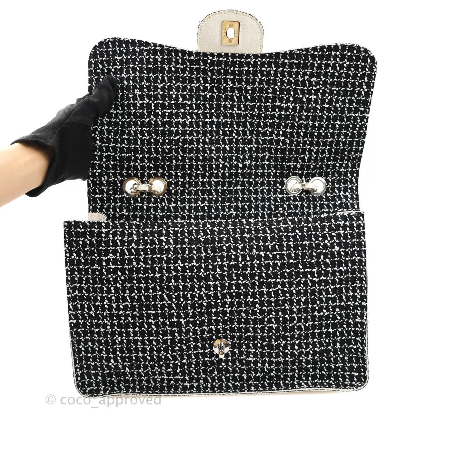 Chanel Classic Single Flap Bag Black/White Tweed Silver Hardware