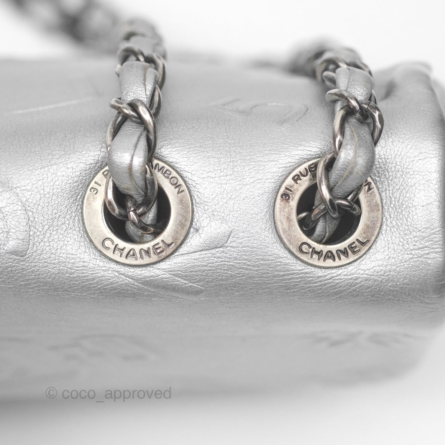 Chanel Medium Single Flap Embossed Metallic Silver Lambskin Ruthenium Hardware