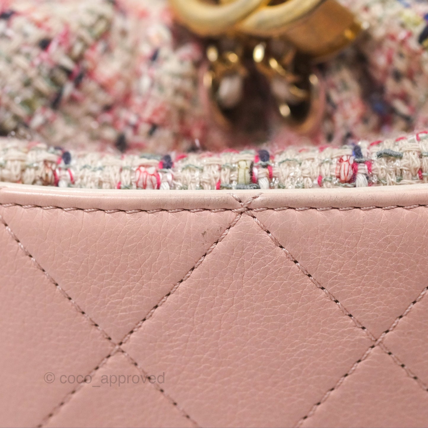 Chanel Quilted Top Handle Drawstring Bucket Bag Calfskin Tweed Pink Aged Gold Hardware