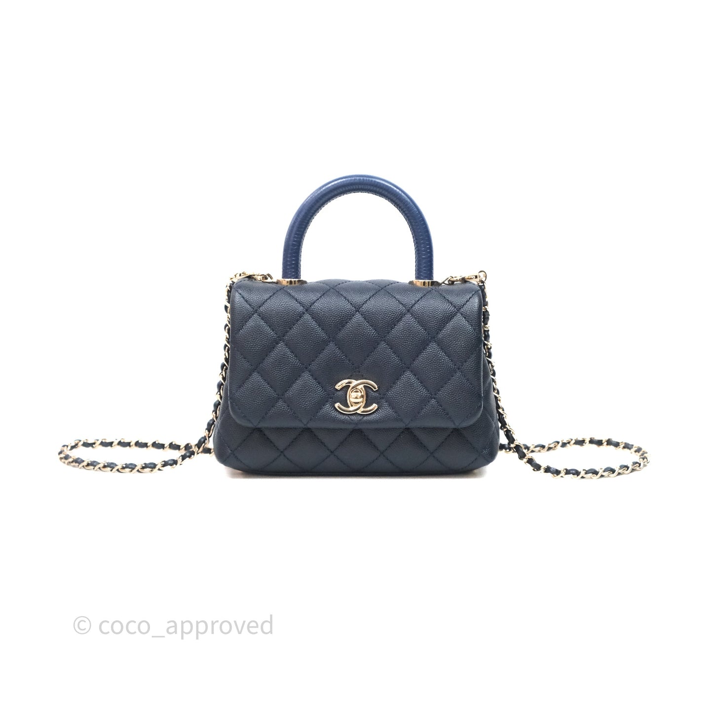 Chanel Mini Coco Handle Quilted Navy Caviar Gold Hardware Lizard Embossed Handle