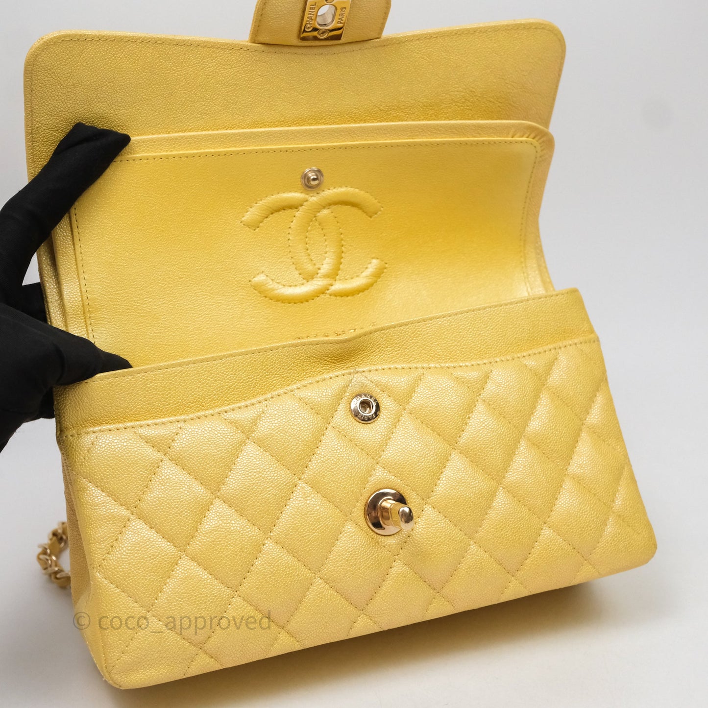 Chanel Small Classic Quilted Flap Iridescent Yellow Caviar Gold Hardware