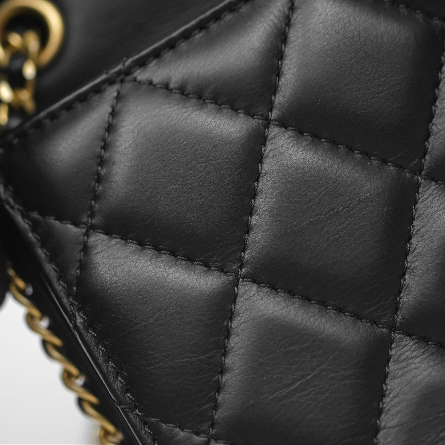 Chanel Quilted Side Chain Flap Bag Black Calfskin Aged Gold Hardware