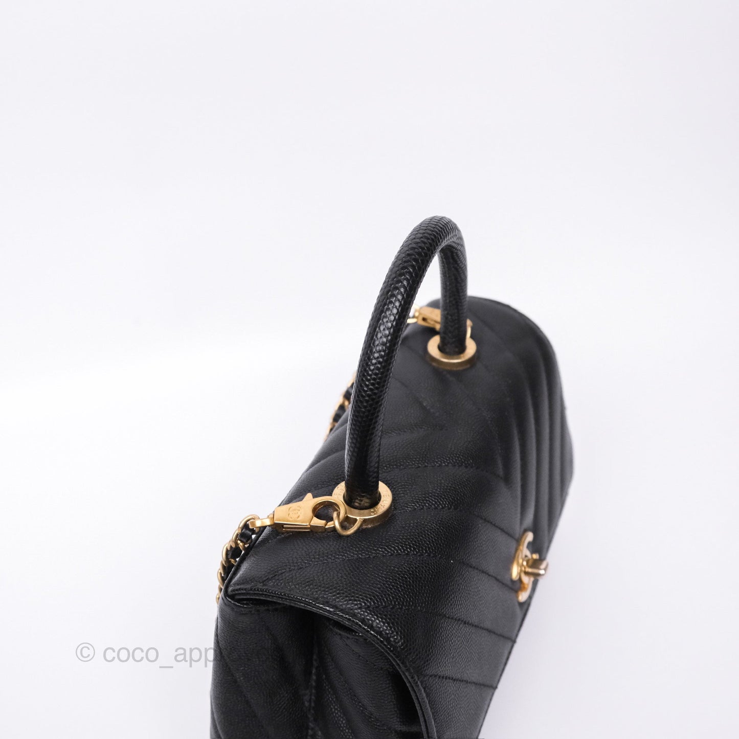 Chanel Small Coco Handle Chevron Black Caviar Aged Gold Hardware Lizard Handle
