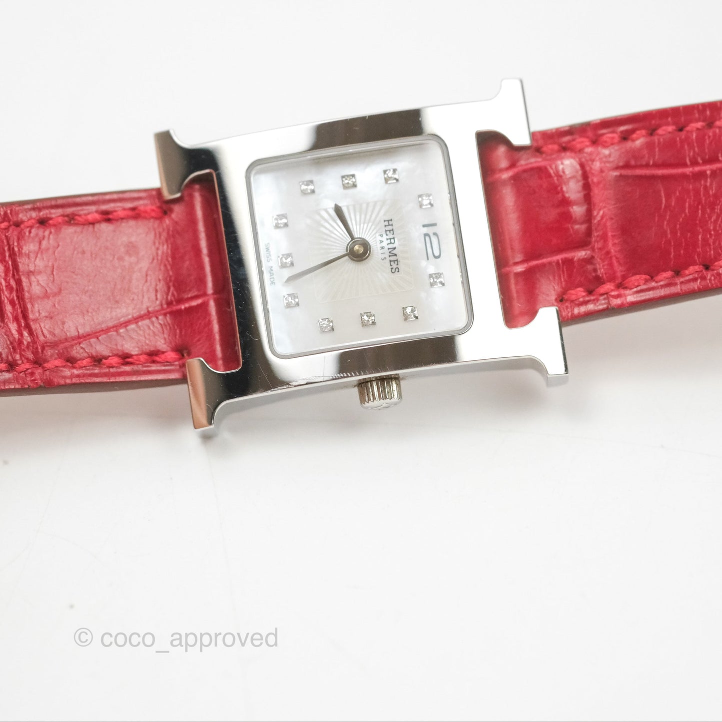 Hermès Heure H Watch Diamond Red Alligator Palladium Hardware